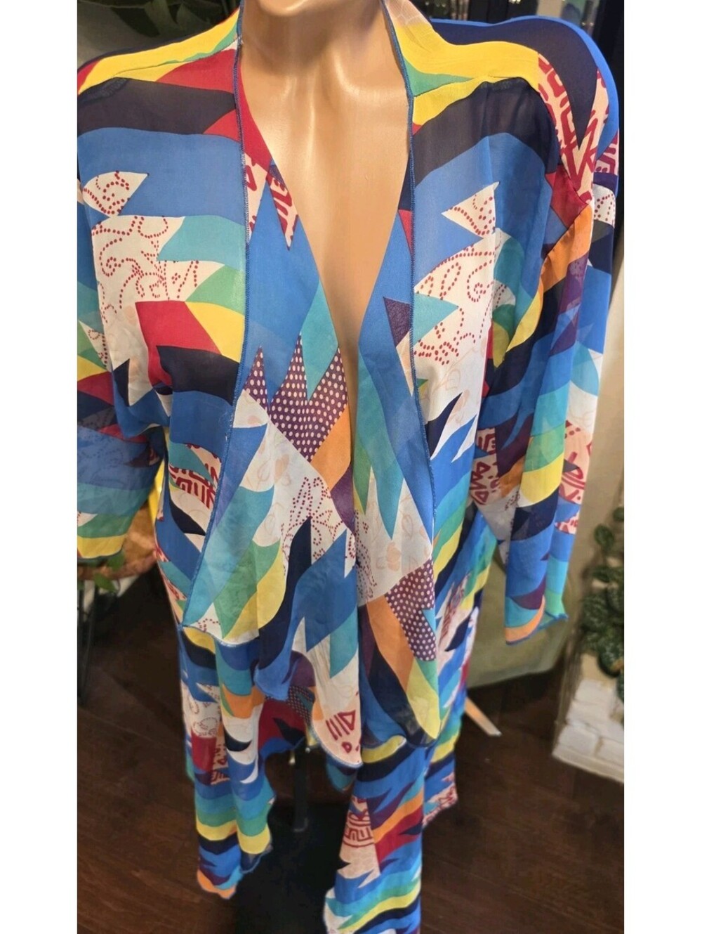 LuLaRo Boho Chic Geometric Print Sheer Long Kimono Duster Y2K MED - Picture 2 of 6